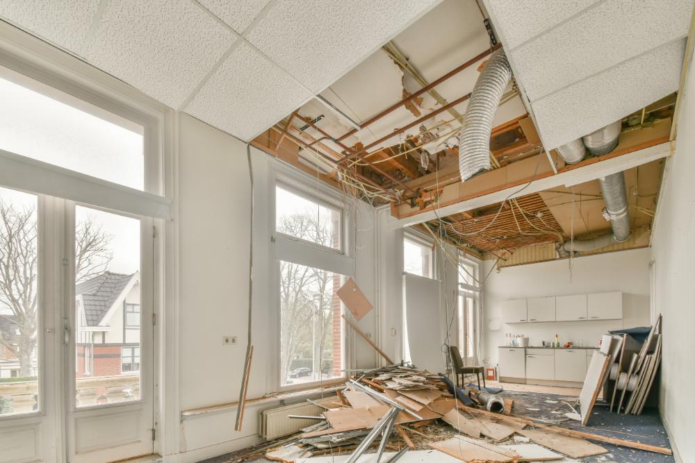 a room that has a lot of debris on the floor